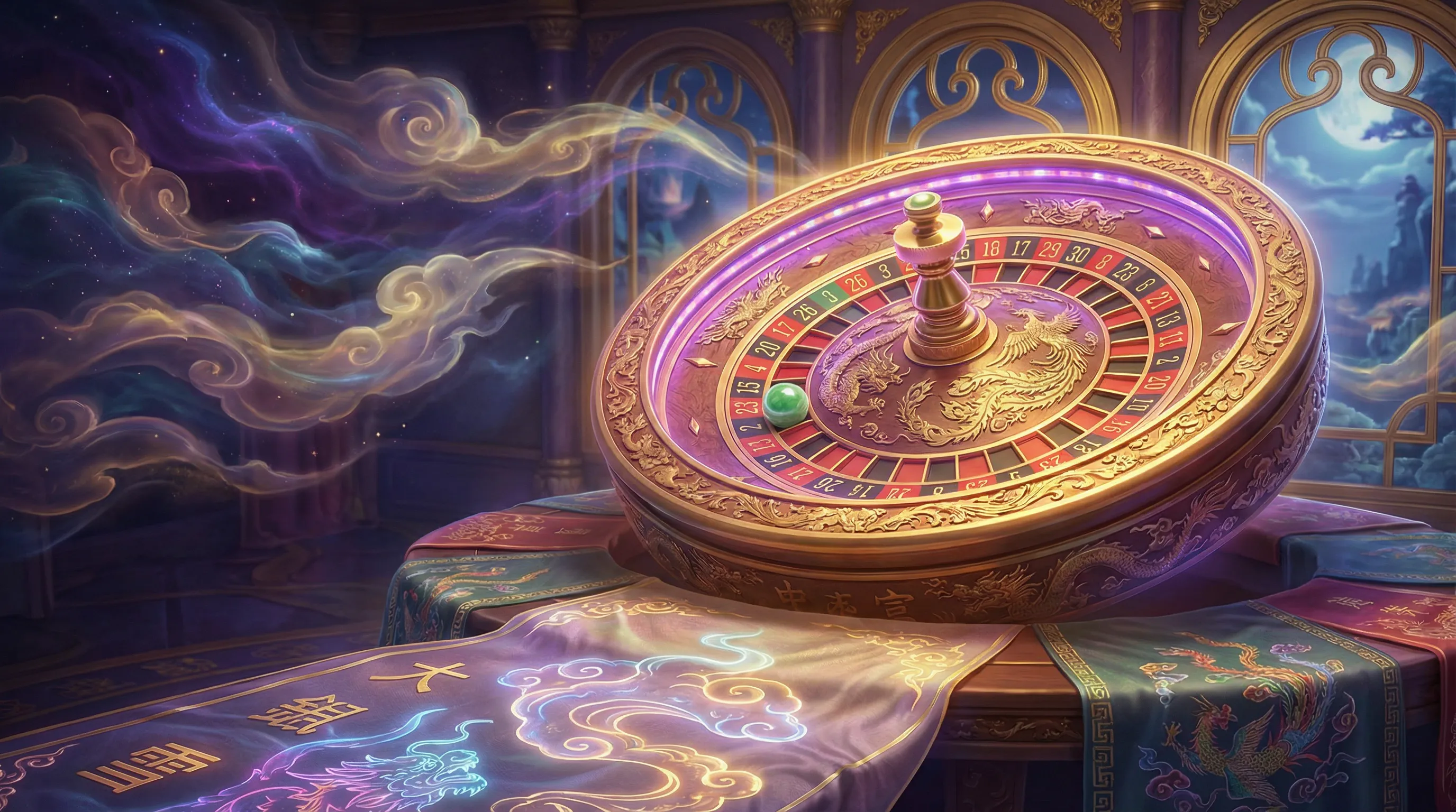 Roleta dourada com gravuras de fênix e mesa ornamentada